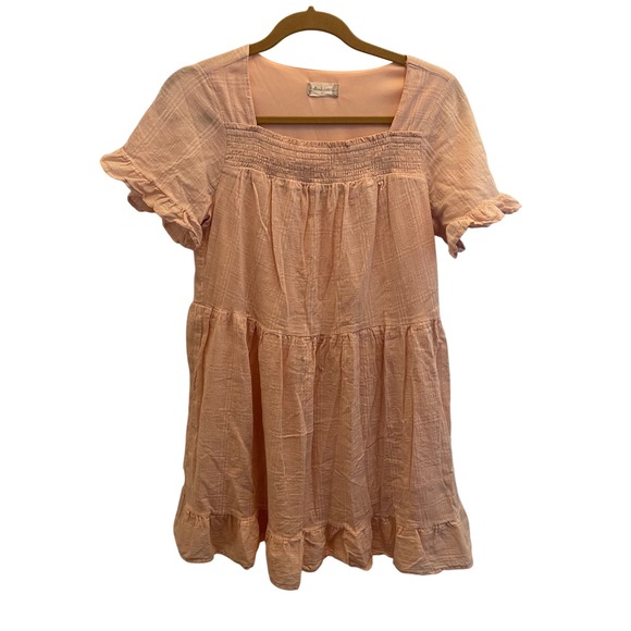 Altar'd State Dresses & Skirts - Altar'd State Peach Smocked Babydoll Mini Dress Short Sleeve Ruffle S